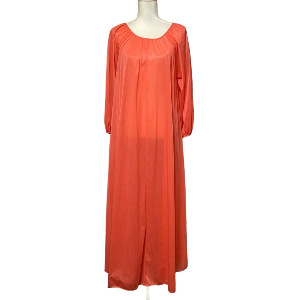 Vintage JCPenny Semi Sheer Long Sleeve Key Hole Back Nightgown Coral Made in USA